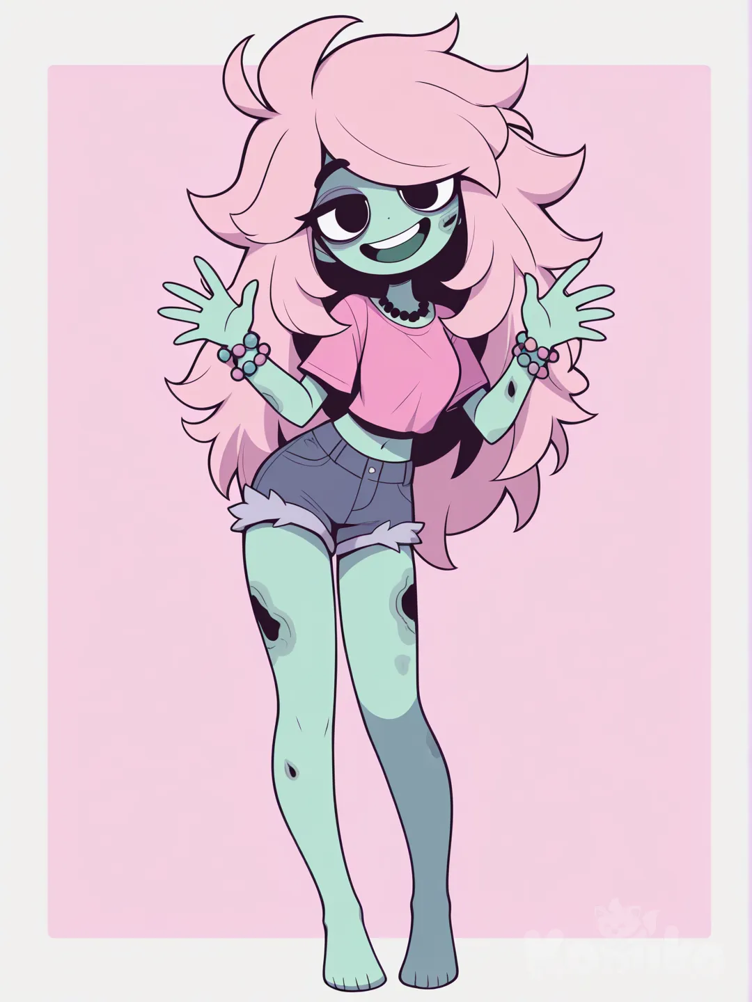 Zombie college girl. Big pink messy hair, green rotten skin, pink shirt, jean shorts, bougie, party animal., full body, waving, [pop-toon-style]