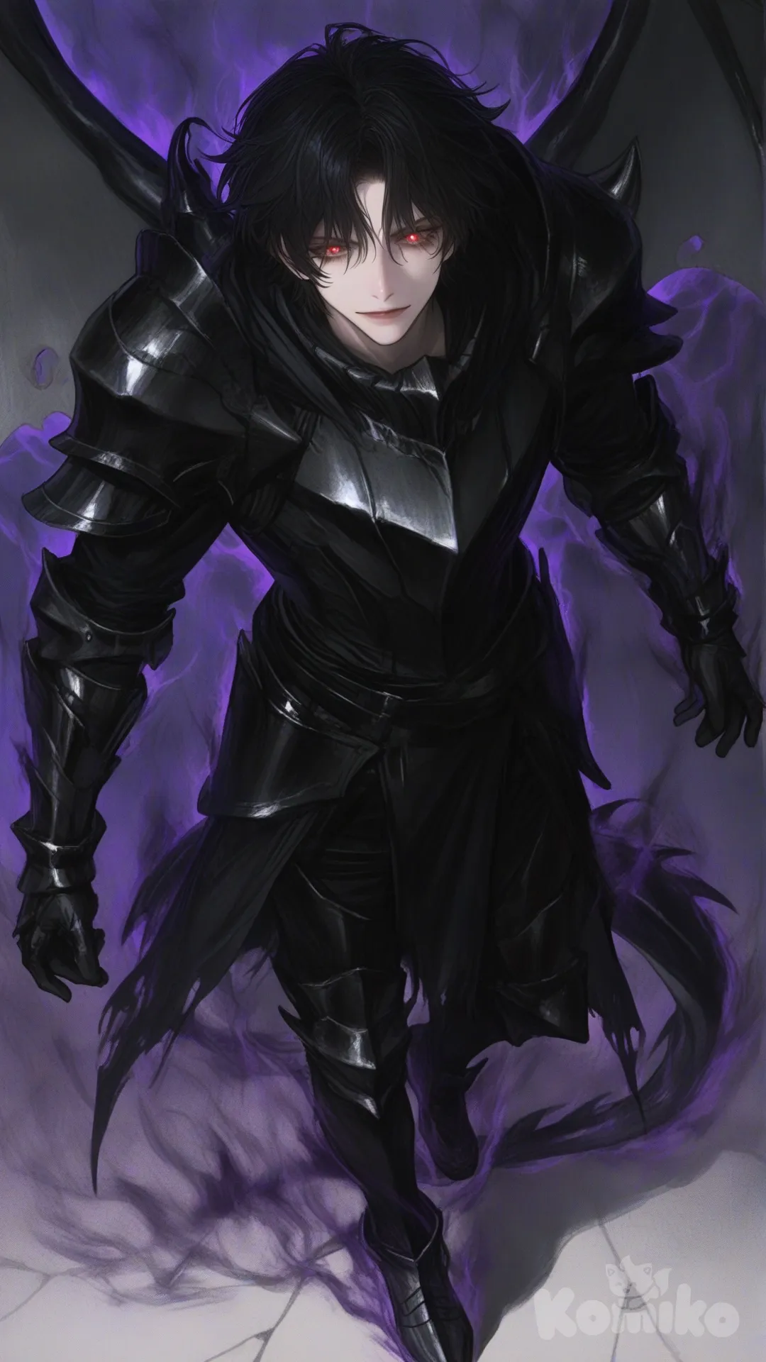full body, dynamic pose, epic dark fantasy, cinematic lighting, dramatic shadows, high-resolution anime style, dark color palette, intricate patterns, flowing energy effects, Elliot Garfield, Abyssal Drive, dark chaotic anime form, black and violet aura, swirling aura, obsidian eyes, glowing eyes, jet-black hair, wild hair, flowing hair, shadowy tattered clothing, fused clothing, dark shard-like armor, shoulder armor, forearm armor, black tendrils, void flames, twisting flames, shattered ground, warped air, glowing sigils, shadow beasts, emerging background, confident posture, predatory posture, half-smile, high detail, male focus, black dragon wings , [semi-realistic-portrait-style]