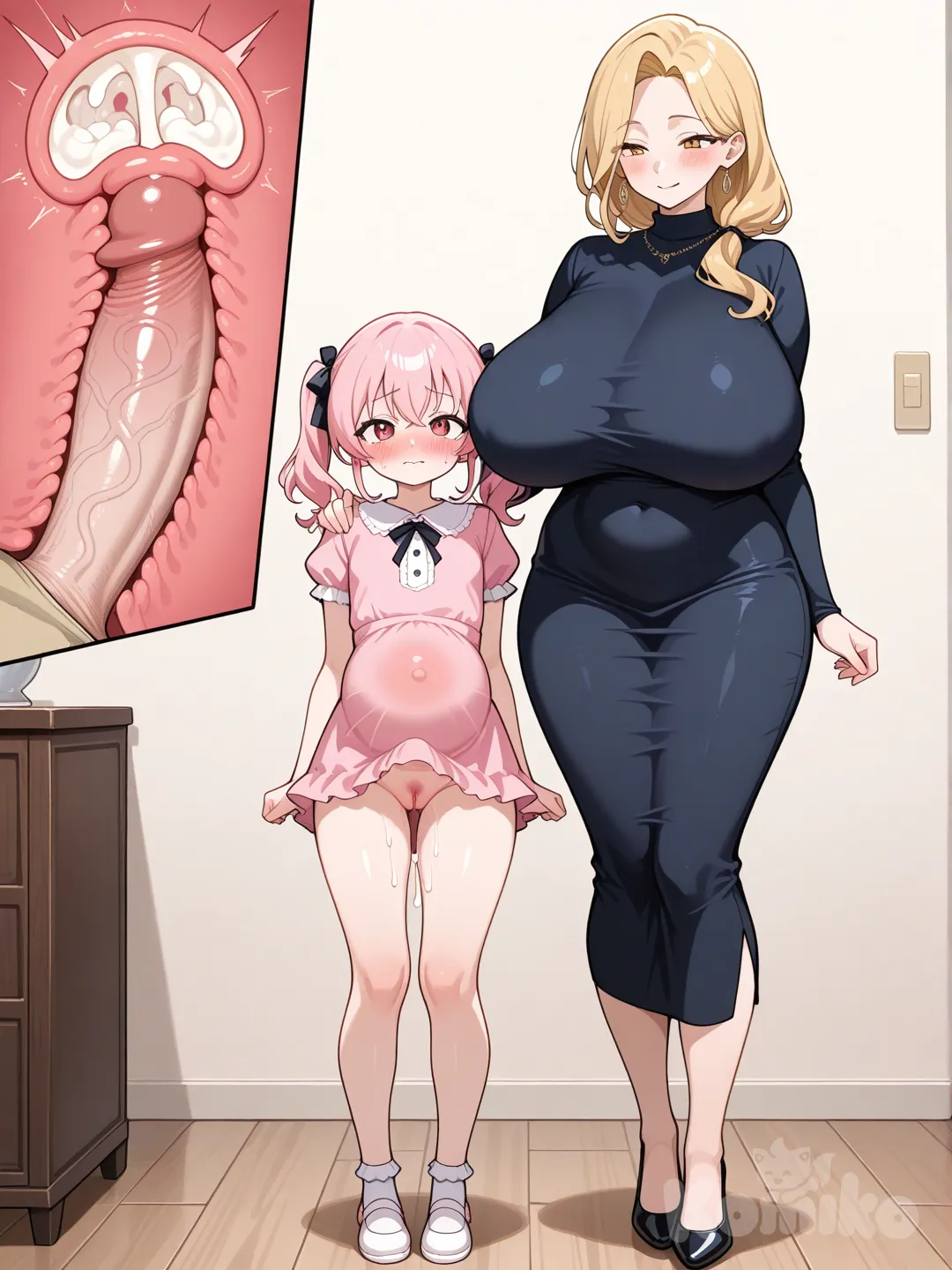 A( mature woman(1) Mature woman.MILF（Mom I'd Like to Fuck）, dress,with a large penis That shows off the curves of her body and the enormous penis hidden inside the clothing, 240cm tall, beautiful long legs, long blonde hair, and red eyes. full bodies visible,sagging breasts Extremely large breasts, Super-large breasts (J-cup). )
(A cute younger sister(2) with pink hair,blonde eyes, twin tails, and 162
cm tall. Super-large breasts (f-cup). 
by x-ray in cute younger sister(2) the position of 
the uterus,Uterus full of semen
 Beautiful pink labia.)
mature woman(1) Standing beside her her hand is oncute younger sister(2) her outer shoulder., gathering together, blush