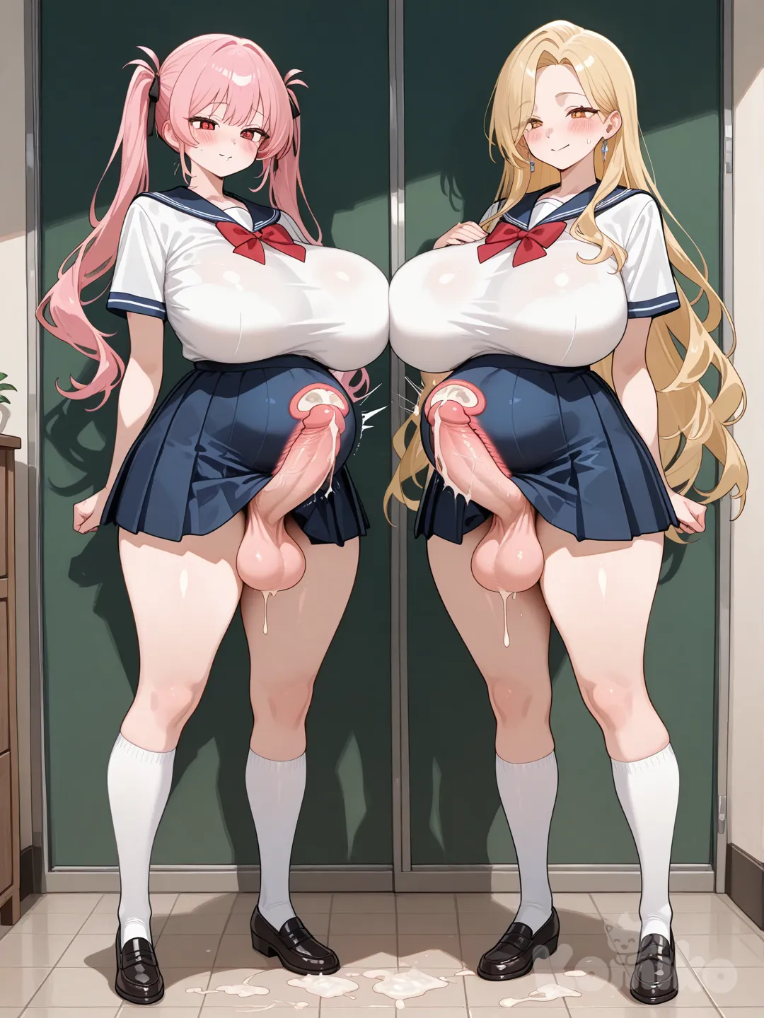 A( mature woman(1) Mature woman.MILF（Mom I'd Like to Fuck）, dress,with a large penis That shows off the curves of her body and the enormous penis hidden inside the clothing., 240cm tall, beautiful long legs, long blonde hair, and red eyes. full bodies visible,sagging breasts Extremely large breasts, Super-large breasts (J-cup). )
(A cute younger uniform sister(2) with pink hair, blonde eyes, twin tails, and 162
cm tall. Super-large breasts (f-cup). lay egg in uterus by x-ray Uterus full of semen in cute younger sister(2) the position of the uterus, Beautiful pink labia.)
mature woman(1) Standing beside her her hand is oncute younger sister(2) her outer shoulder., gathering together, blush