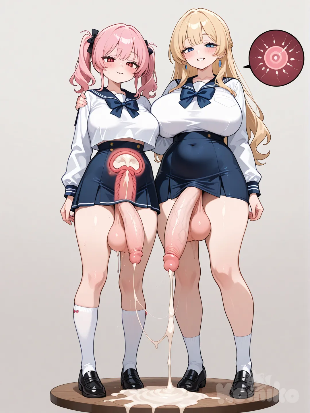 A mature woman(1-2) Mature woman.MILF(Mom I'd Like to Fuck), tight-fitting dress ,with a large penis, 240cm tall, beautiful long legs, long blonde hair, and red eyes. She has a 45 cm penis and extremely large testicles. full bodies visible,sagging breasts Extremely large breasts, Super-large breasts (J-cup). A cute younger sister(2) with pink hair, blonde eyes, twin tails, and 165cm tall. sailor uniform. Super-large breasts (f-cup). lay egg in uterus by x-ray,Uterus full of semen, Beautiful pink labia,the labia are leaking a large amount of mature woman(1-2) Standing beside her her hand is oncute younger sister(2-2) her outer shoulder.