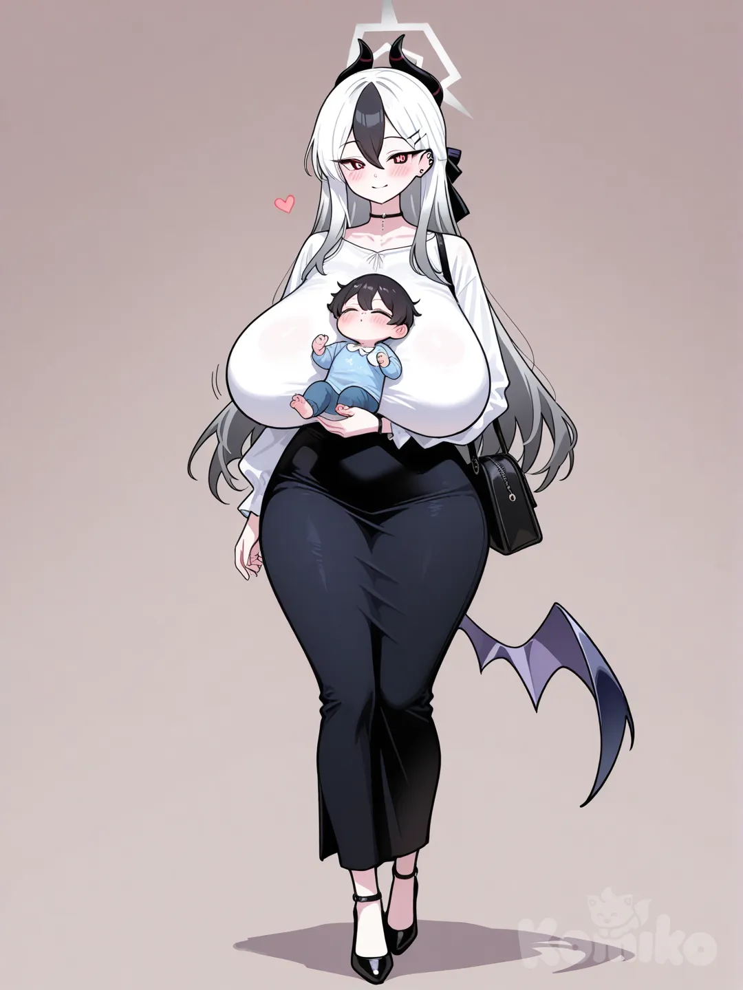 kayoko (dress) (blue archive), con ropa casual Con una camisa y pantalónes Elegante con pechos grandes y un bebé en las manos,full bodies visible, sagging breasts Extremely large breasts, Marebel (メアベル) Super-large breasts (J-cup)., blush, smile,Erotic expression