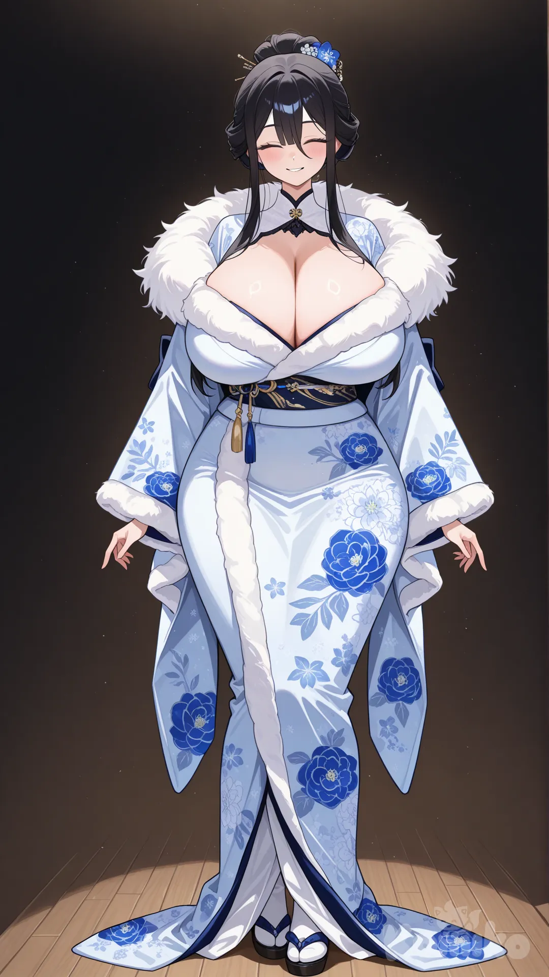 Meabel (メアベル) ,above-eyebrow bangs,Short bangs,Long black hair with micro bangs,Character Settings( from The Exiled Heavy Knight Knows How to Game the System.Squinting eyes, eyes closed , full bodies visible, breasts Extremely large breasts, Super-large breasts (K-cup)eyes not open.bangs. , full bodies visible,breasts Extremely large breasts, Marebel (メアベル) Super-large breasts (I-cup)., looking at viewer, breasts. , front profile photo, woman, full body,large breasts (K-cup),Marebel(メアベル) Meabel (メアベル) , above-eyebrow bangs,Short bangs,Long black hair with micro bangs,Character Settings( from The Exiled Heavy Knight Knows How to Game the System. Squinting eyes, eyes closed , full bodies visible, Extremely large breasts, Super-large breasts (K-cup)eyes not open.bangs. , full bodies visible, breasts Extremely large breasts, breasts Marebel (メアベル) Super-large breasts (K-cup), Marebel clothing: winter Japanese style Japanese clothing, Marebel Clothing: Luxury gorgeous Japanese kimono, Marebel's outfit: High-end Japanese kimono, Marebel's outfit: Luxury Japanese kimono,Japanese kimono updo, smile