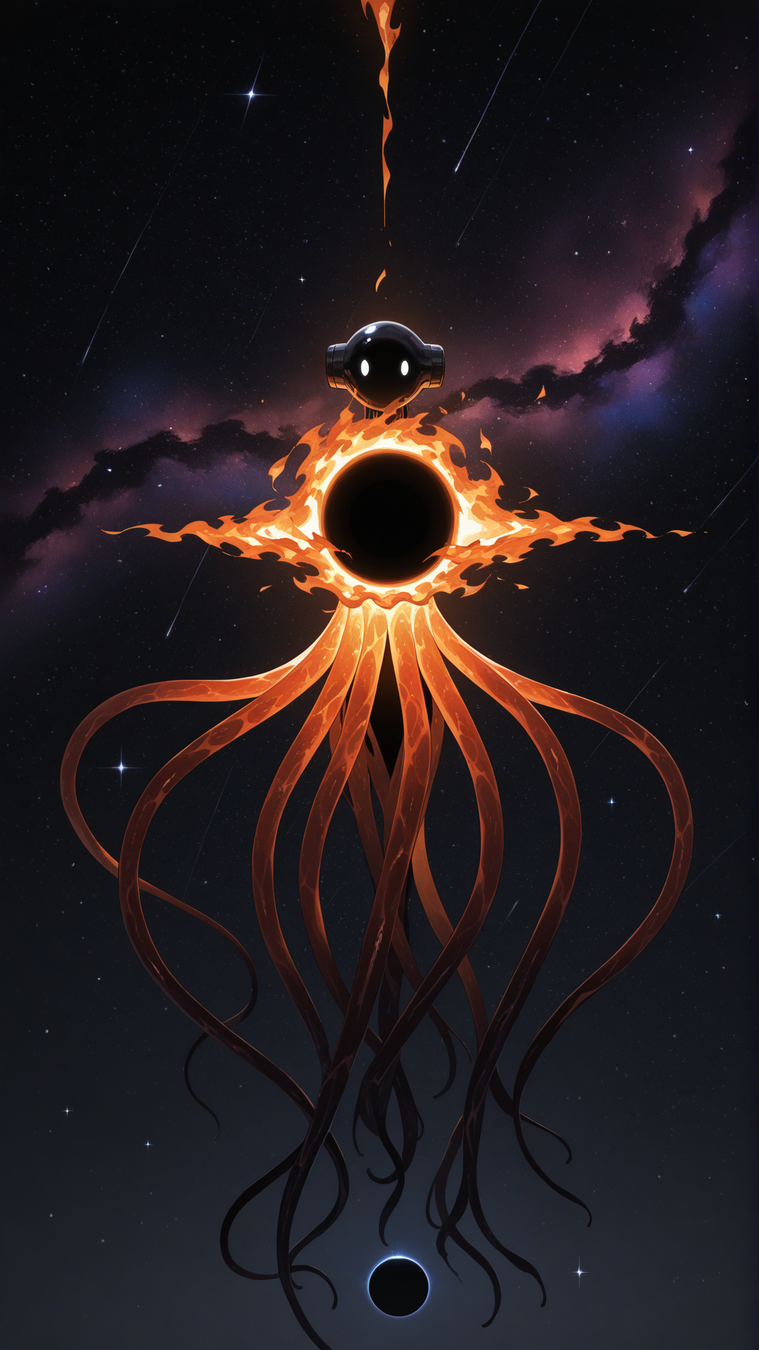 Alien being, made of fire, no body, spherical head, no mouth, spherical eyes that look like black holes, twelve spread out arm-like tentacles made of fire, no fingers, floating in space