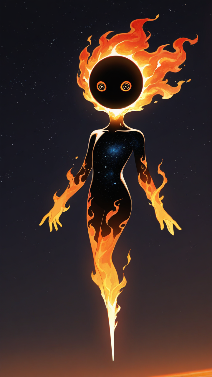 Alien being, made of fire, no body, spherical head made of fire, no mouth, seven symmetrically spaced spherical eyes that look like black holes, twelve spread out sprouted from behind the head, arm-like tentacles made of fire, no fingers, floating in space