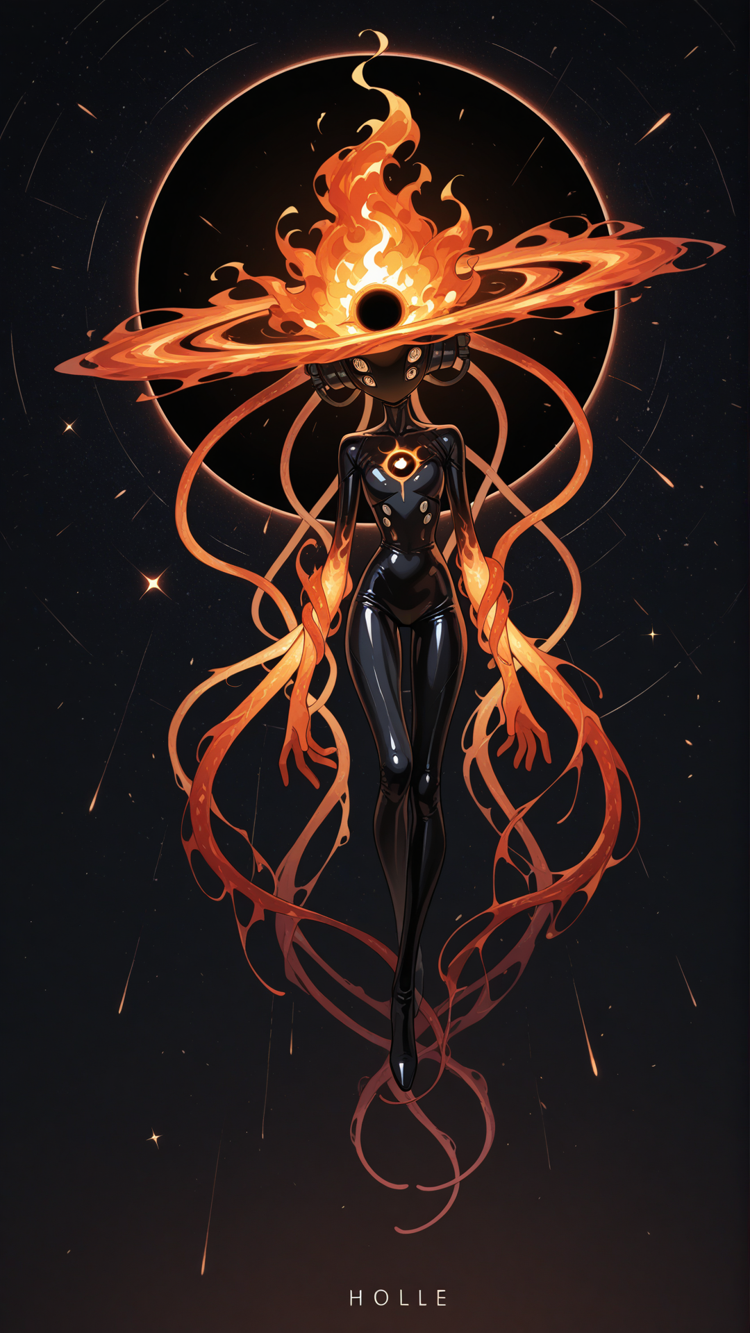 Alien being, made of fire, no body, spherical head made of fire, no mouth, seven symmetrically spaced spherical eyes that look like black holes, twelve spread out arm-like tentacles made of fire, no fingers, floating in space