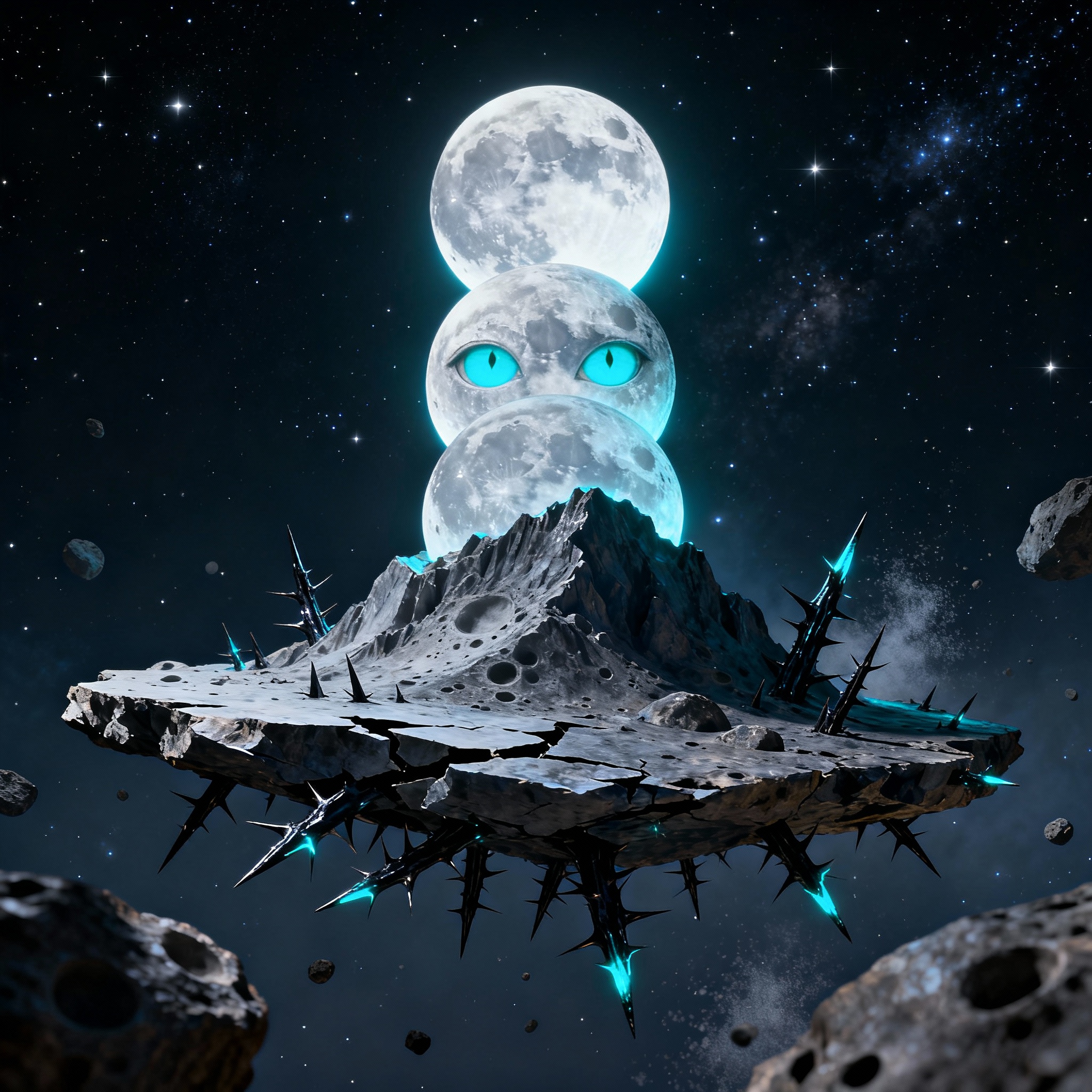 A majestic mountain formed by a towering pile of luminous full moons, stacked precariously atop a shattered flat slab of jagged space rock with scattered thorns growing under it, an eerie pair of eyes growing out of it and staring at the viewer, all drifting weightlessly through the vast, starry expanse of space, photo (medium), [surreal-style]