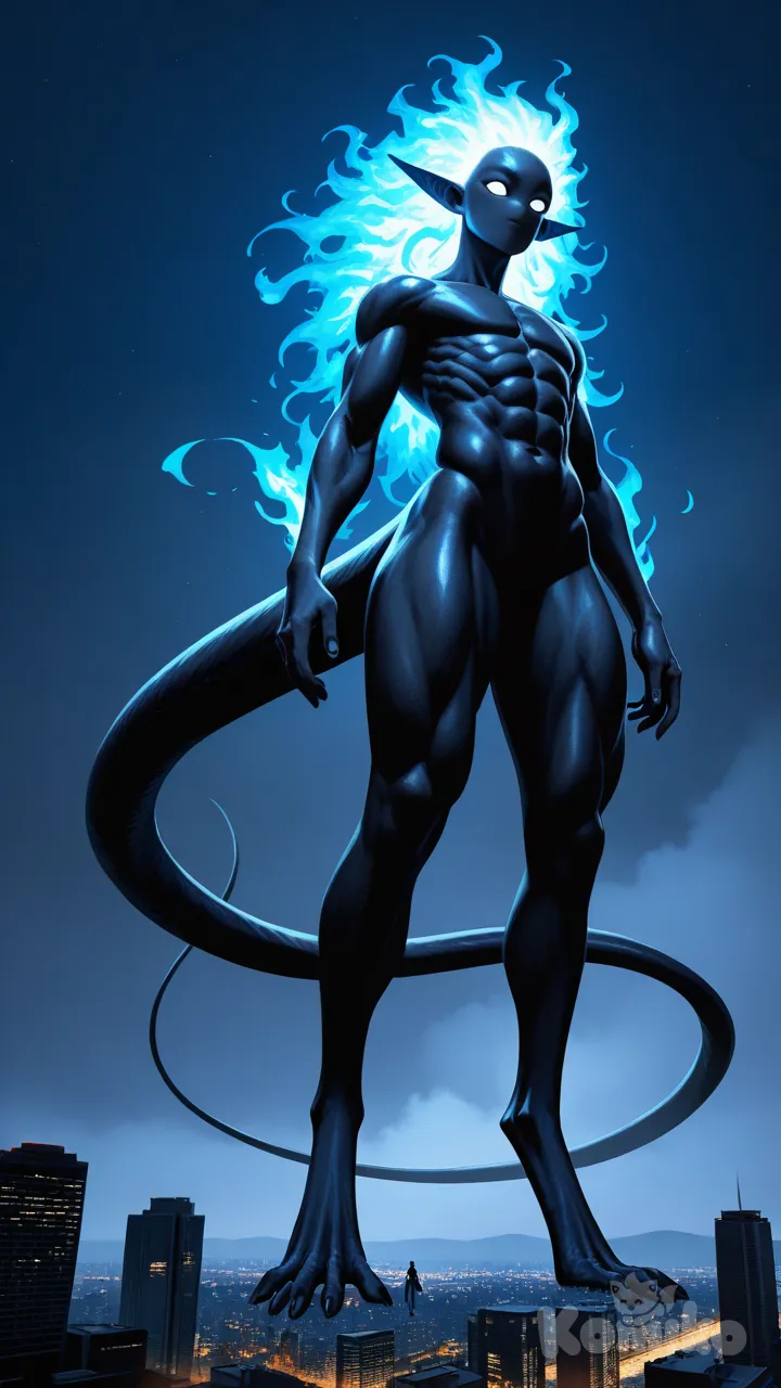 @ezhtrr-chssam-gPZj towering in the night sky over a tiny bustling city, his top half barely visible through the fog, photo (medium), [realistic-style]