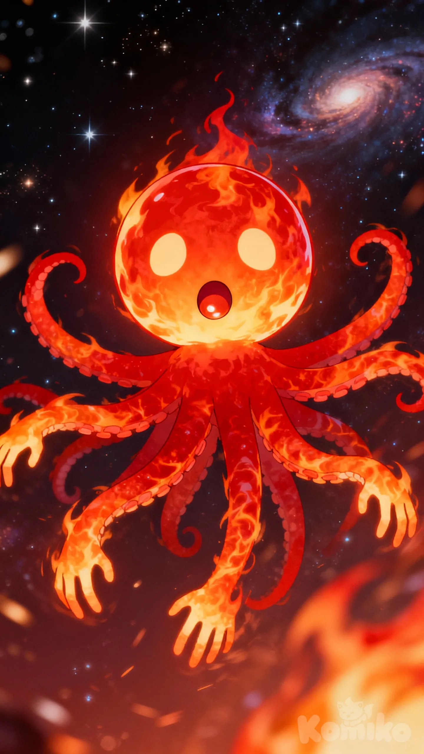 Alien being, made of fire, no body, spherical head, no eyes, spherical mouth, twelve arm-like tentacles made of fire, no fingers, floating in space, photo (medium), [surreal-style]