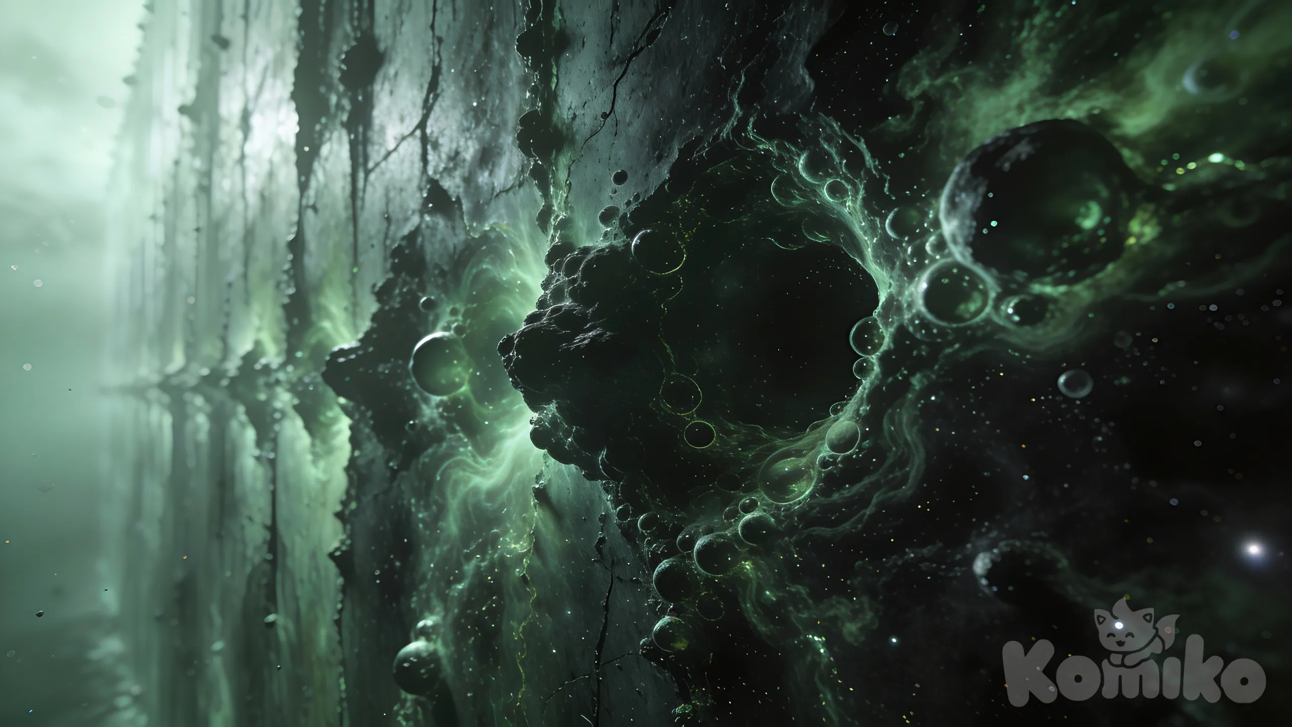 The cosmic microwave background radiation forms a vast, vertically infinite wall of space, its surface etched with intricate temperature fluctuations in subtle greens bleeding into profound blacks, where bubble-like voids and patterns cluster ominously, evoking an eternal, foreboding barrier across the universe, photo (medium), [realistic-style]