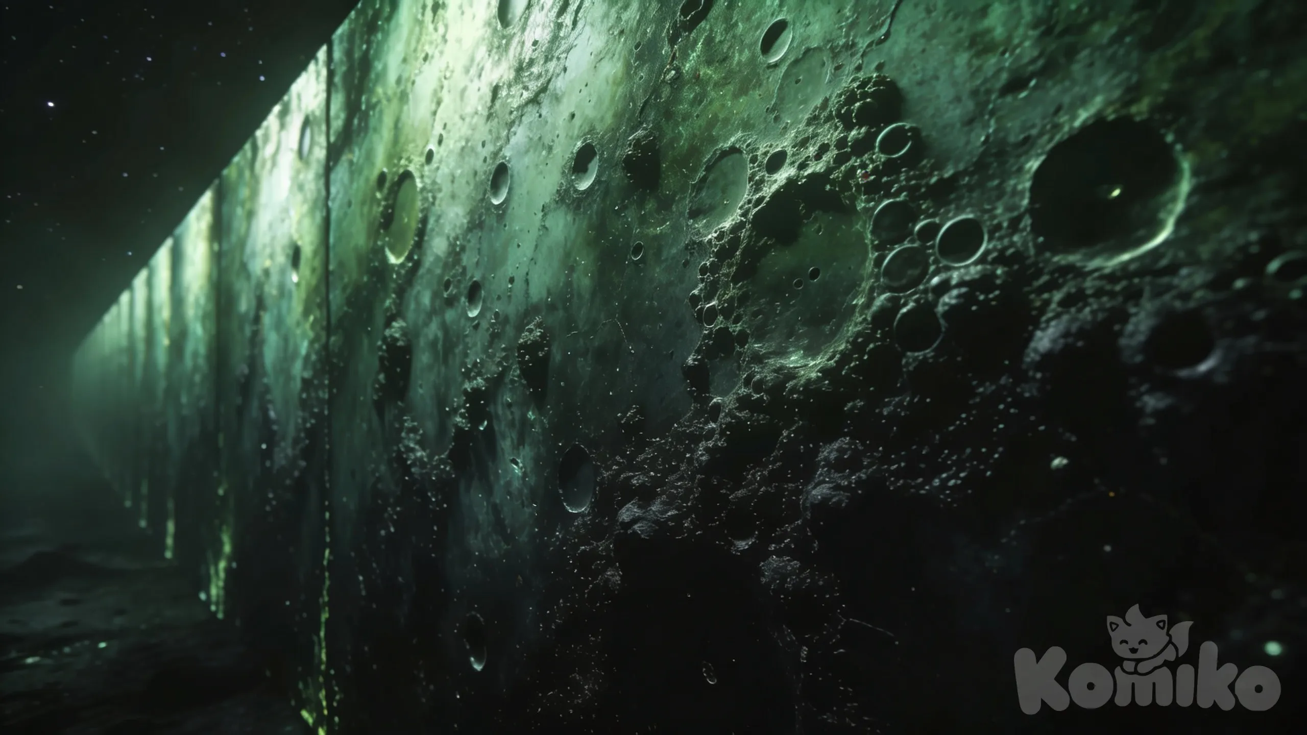 The cosmic microwave background radiation forms a vast, vertically infinite wall of space, its surface etched with intricate temperature fluctuations in subtle greens bleeding into profound blacks, where bubble-like voids and patterns cluster ominously, evoking an eternal, foreboding barrier across the universe, photo (medium), [surreal-style]