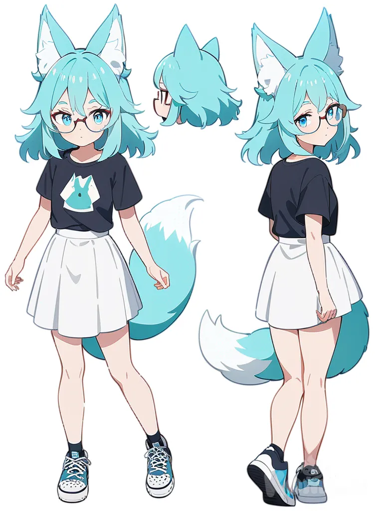 1girl, fox girl, 21 years old, blue eyes, long wavy turquoise hair, glasses, medium chest, slender, fluffy turquoise tail with white tip, single character, full body, looking at viewer, anime style, simple background, white background