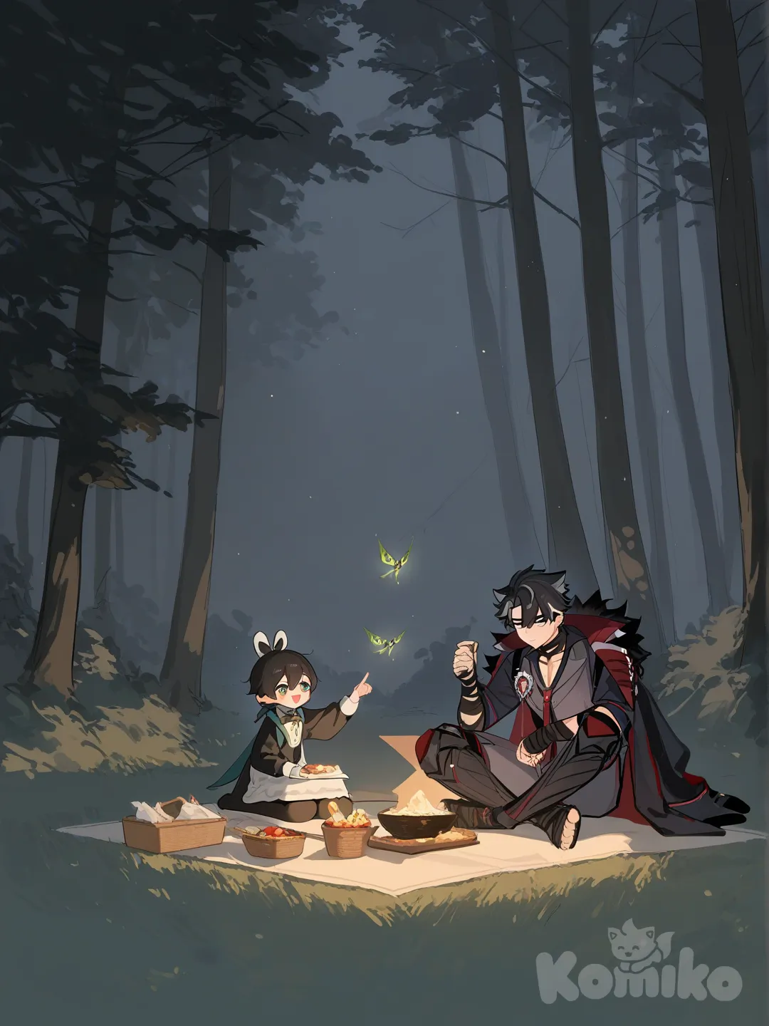 and, Crystalfly (Genshin Impact), Wriothesley (Genshin Impact), smile, picnic, little black dress, suit, wide shot, cinematic lighting, forest