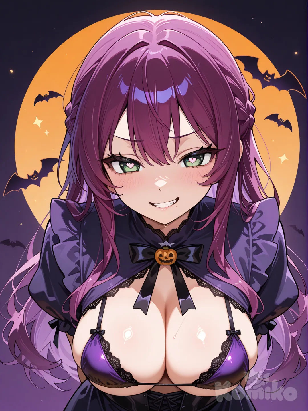 An anime female with purple hair and black tips, green eyes, wearing a tiny bra where her breasts are slightly falling out of, looking at viewer, leaning forward, smirking, partially undressed, arms behind back, mischievous grin, biting own lip, heart-shaped pupils, halloween costume