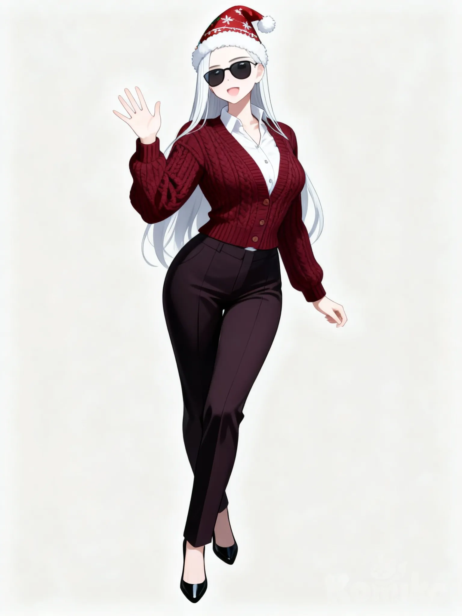 Sexy porn image, @elara-voss-NtZS, waving, burgundy, knitted cardigan, suit pants, New Year's hat