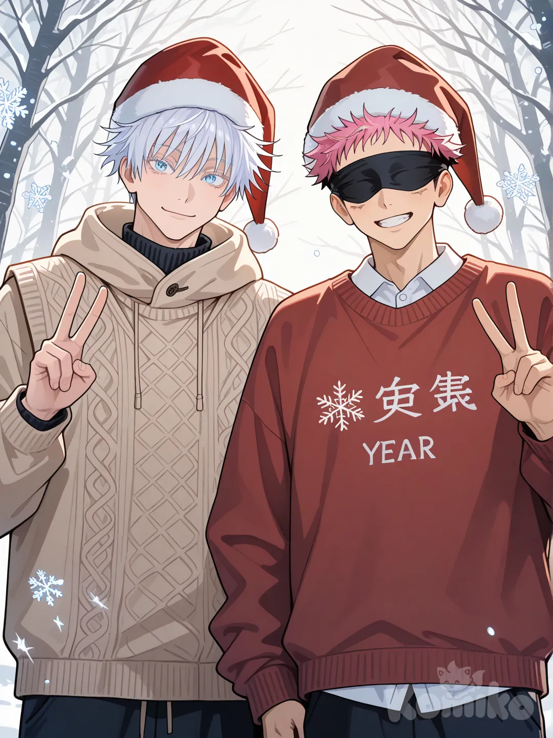 Satoru Gojo and Yuji Itadori from Jujutsu Kaisen standing together, wearing festive Christmas hats and cozy winter vests, casual holiday outfits, both showing peace signs toward the camera, Gojo with his iconic blindfold and relaxed smile, tall and confident, Yuji Itadori cheerful and energetic, natural expression, anime style, clean lineart, warm festive colors, soft winter lighting, cozy New Year atmosphere, snowflakes in the background, cinematic composition, high detail, ultra sharp focus