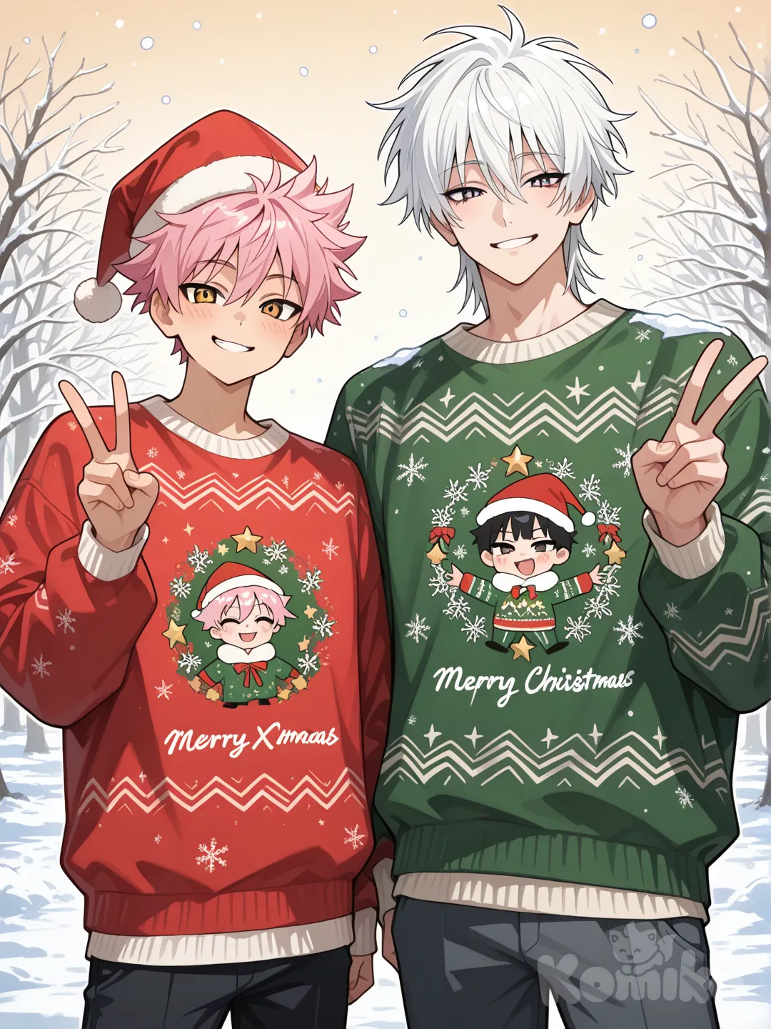 Satoru Gojo and Yuji Itadori from Jujutsu Kaisen standing together in a park, wearing festive Christmas sweaters and Santa hats, cozy winter outfits, both showing peace signs toward the camera, relaxed and playful holiday mood, Gojo tall with white hair and calm confident expression, Yuji Itadori cheerful and friendly with natural youthful face, no masks, no blindfolds, no sunglasses, anime style, clean lineart, warm festive color palette, soft winter daylight, light snow in the air, cozy Christmas atmosphere, simple background, no text, no logos, high detail, ultra sharp focus