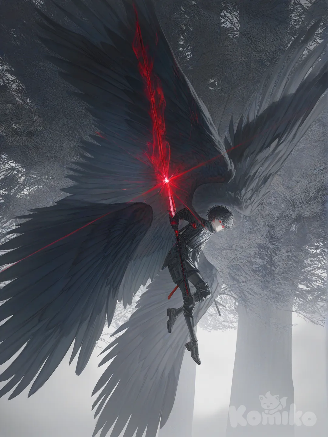 Ele é um jovem garoto de aura sombria, com cabelos pretos bagunçados e olhos vermelhos intensos. Possui asas negras grandes abertas atrás de si. Usa roupas escuras com detalhes metálicos e carrega uma katana, cuja lâmina emite uma energia negra avermelhada
Ambientação uma floresta colossal, onde árvores gigantes bloqueiam a luz do sol e animais enormes habitam o lugar, reforçando o clima hostil e estranho do ambiente, voando. estilo anime meio realista, [soft-light-illustration-style], 1boy