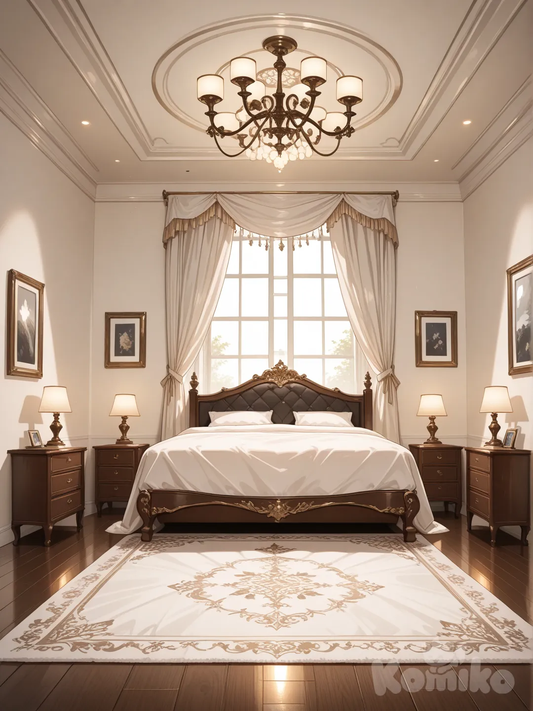 A luxurious, spacious bedroom with a grand, beautiful bed. The bed has no canopy and no curtains, with a clean and open design. On both sides of the bed are elegant side tables with ornate, slender decorative legs. The room is filled with bright, crisp white lighting.