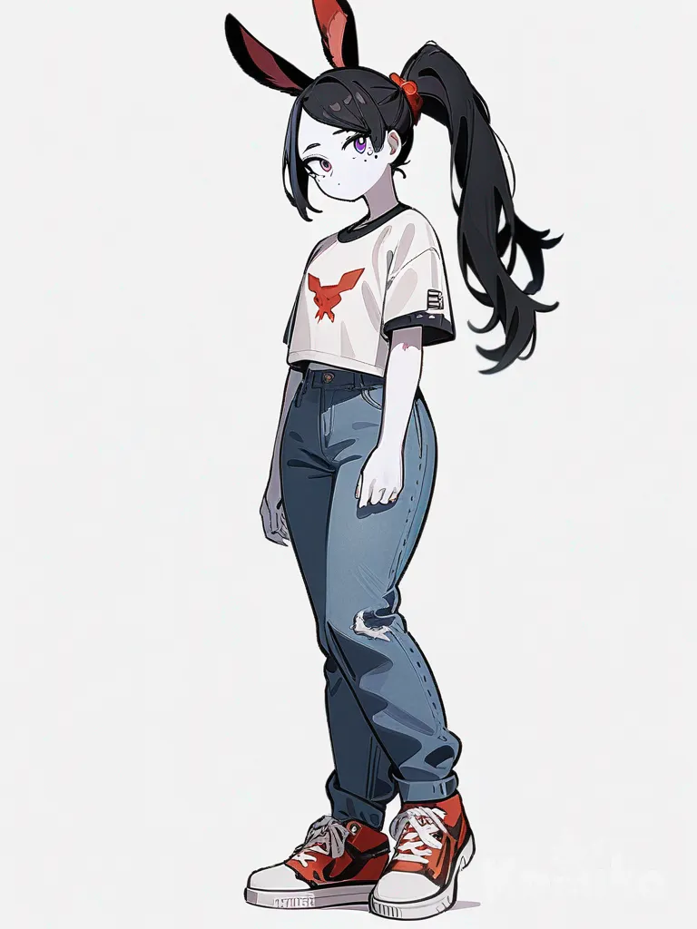 1girl, My Hero Academia, original character, teenager, short height, black hair, ponytail, purple eyes, pale skin, short shirt, jeans, rabbit ears, single character, full body, looking at viewer, anime style, simple background, white background