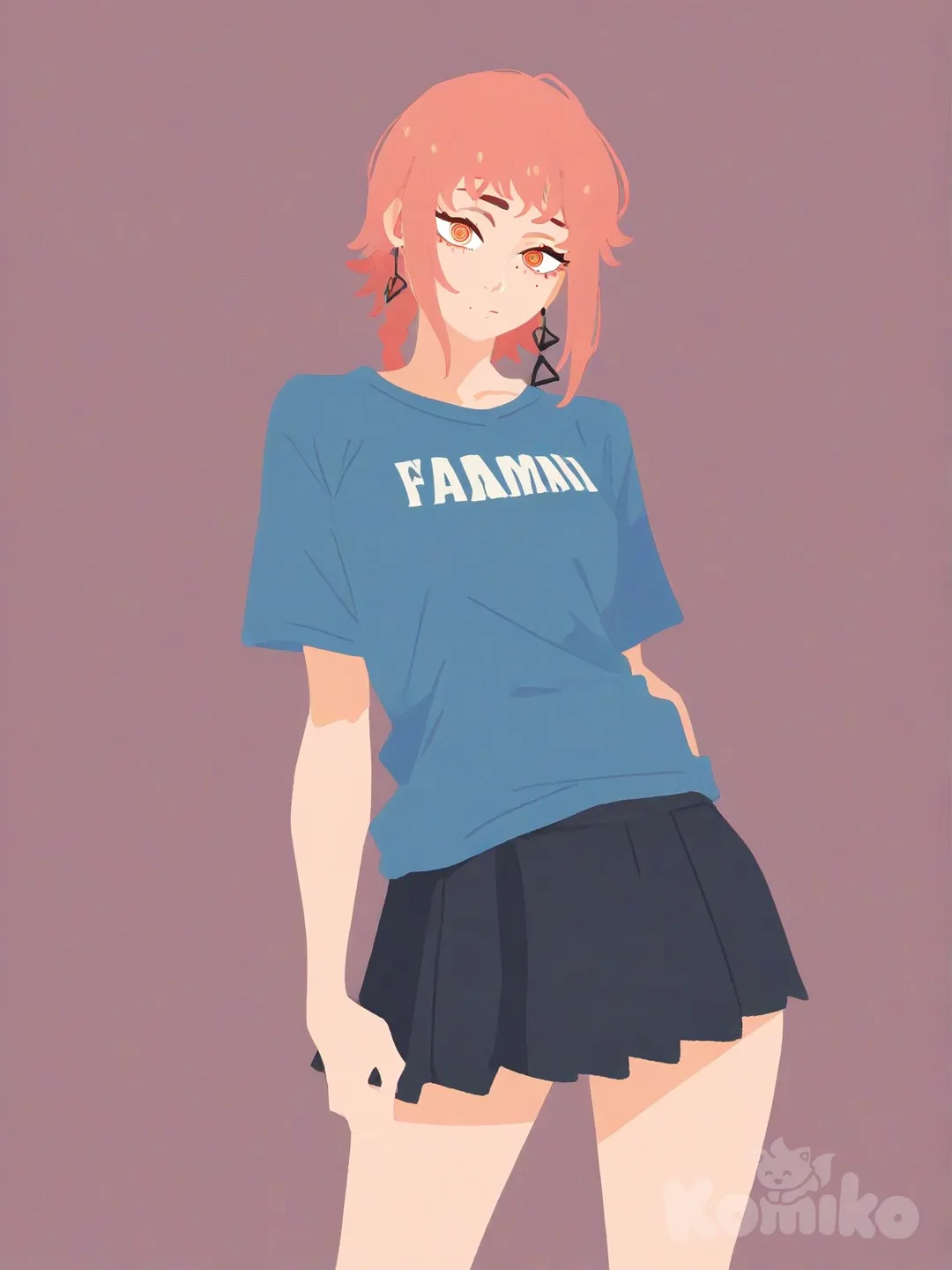 Fami (Chainsaw Man), t-shirt, pleated skirt, portrait, [flat-illustration-style]