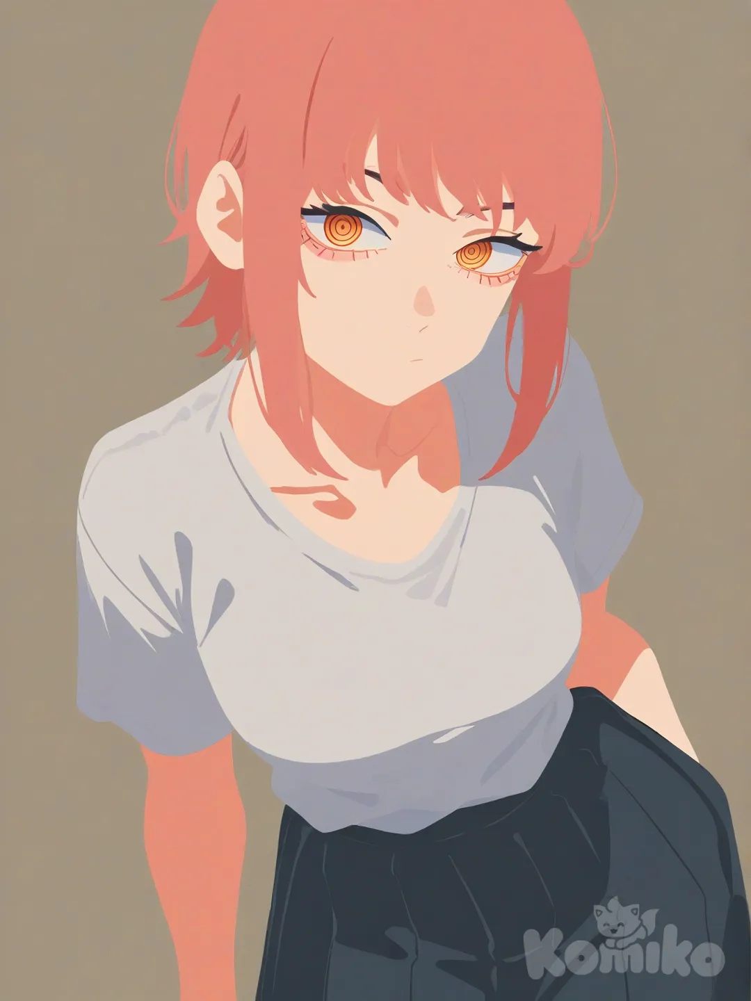 @Fami_(Chainsaw_Man), t-shirt, pleated skirt, portrait, [flat-illustration-style]