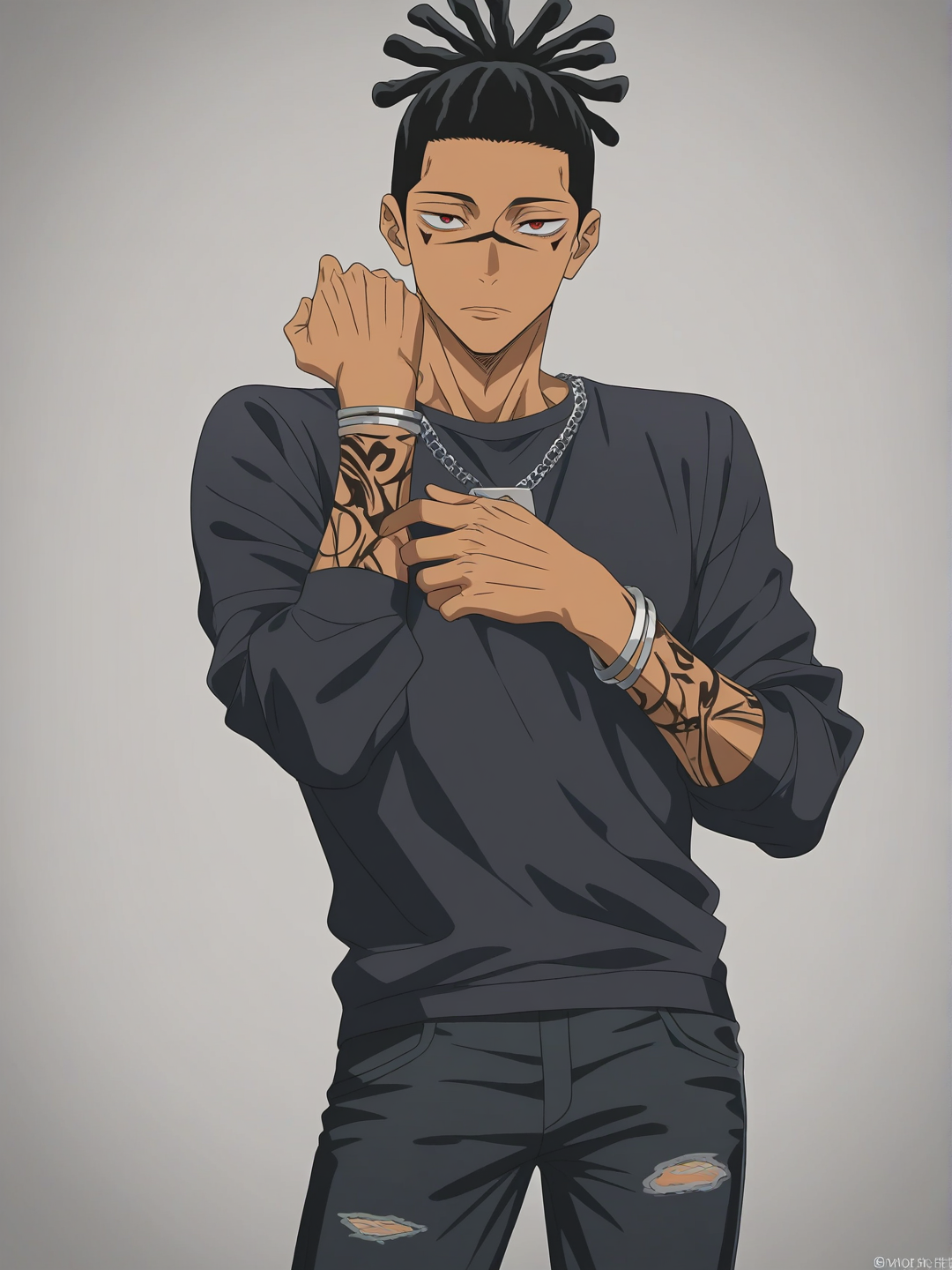[bright-anime-style] 1boy, short, slim, tan, red_eyes, white_dreadlocks, tattoo, bracelet, necklace, black_shirt, long_sleeves, black_pants, skinny_jeans, jujutsu_kaisen, single_character, full_body, looking_at_viewer, anime_style, simple_background, white_background