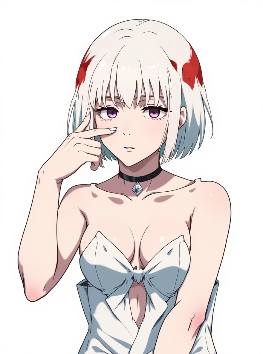 choker, necklace, earrings, jewelry, black_sandals, single character, full body, looking at viewer, anime style, simple background, white background