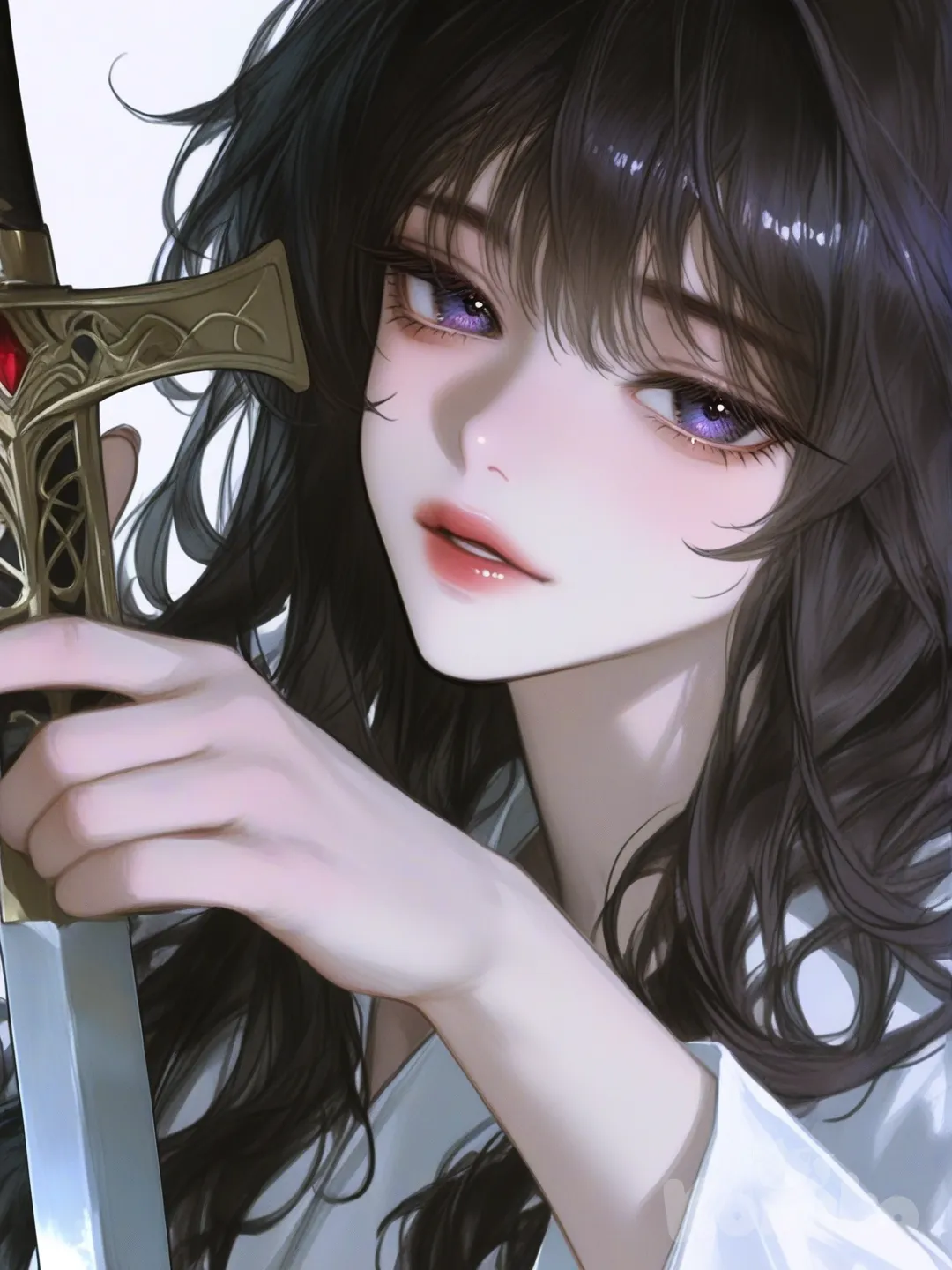 A girl with fair skin, bright violet eyes, long wavy black hair, soft features, beautiful, elegant., [semi-realistic-portrait-style], holding sword, pointing at viewer, full body