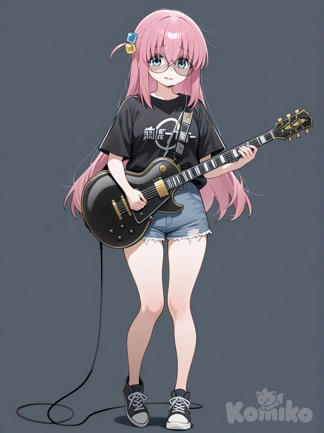 @Gotoh_Hitori con su guitarra tiene short corto una blusa negra lentes cuerpo completo