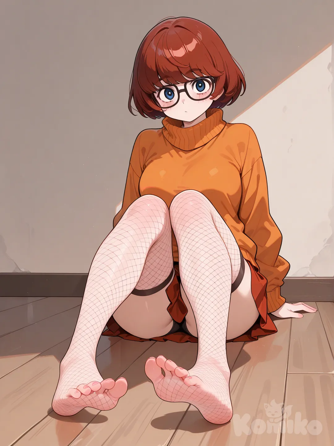 velma , en mini falda enseña sus piernas y pies , sitting on the ground, full body con medias de red