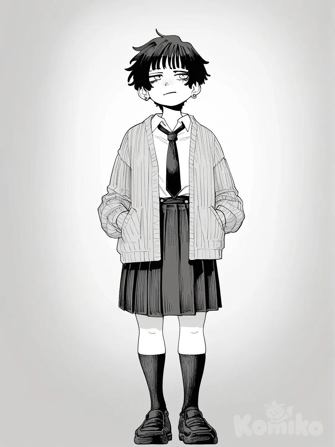 1girl, Gojou Satoru, Zen'In Maki, Kugisaki Nobara, [grayscale-manga-style], hands in pockets, knitted cardigan, pleated skirt, school uniform, lace, ruffles, earrings