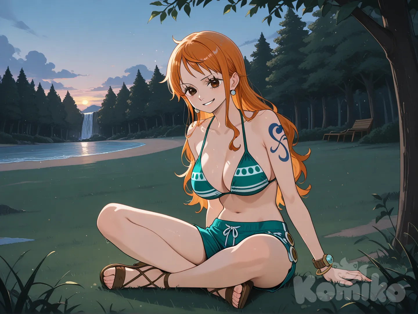 [glossy-anime-style], @Nami_(One_Piece), sitting on the ground, smirk, sitting on lap, beach shorts, tassels, ivory white, klein blue, full body, ambient light, park