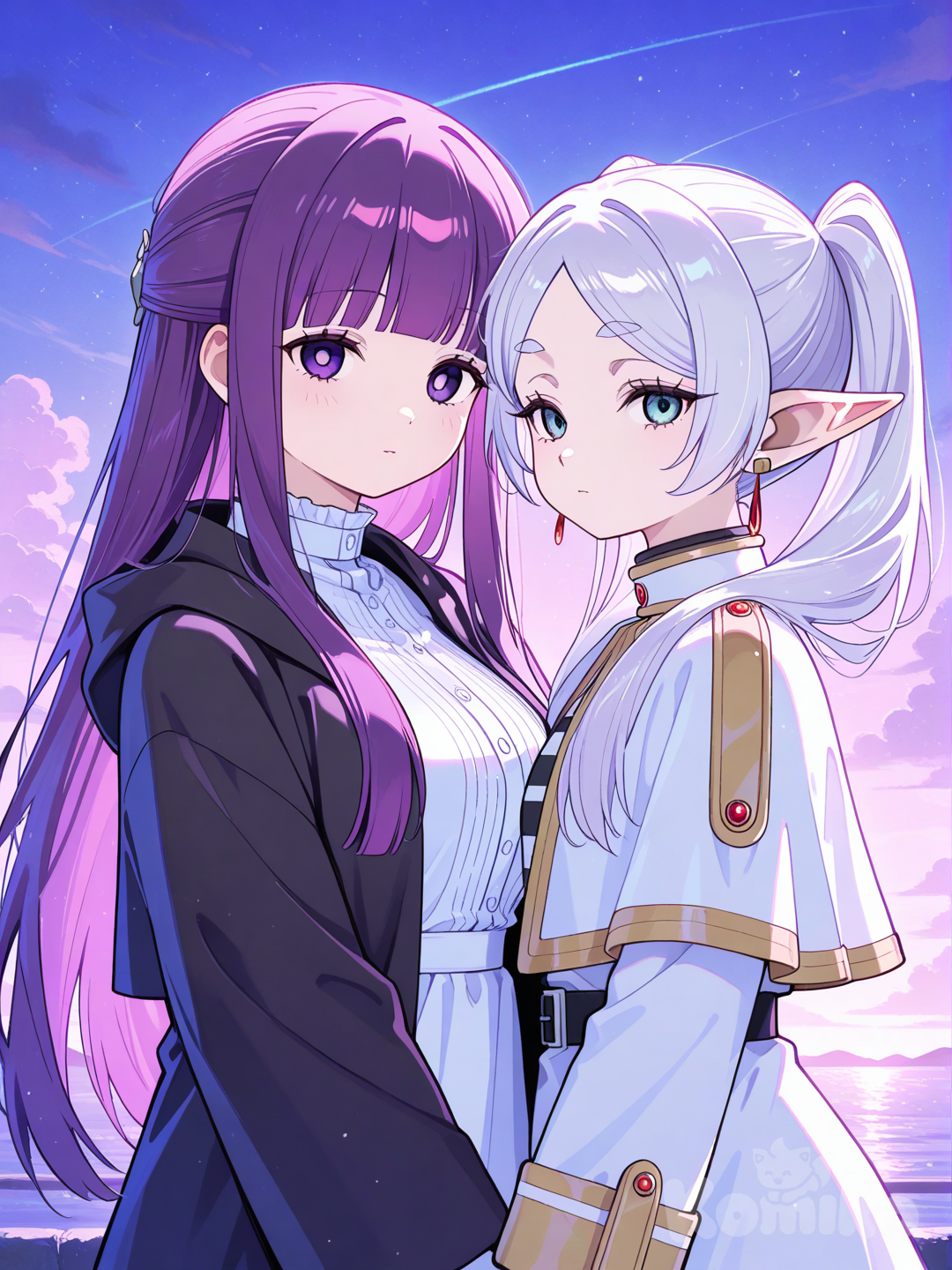 two anime girls, best friends, colorful anime style, artwork, @Frieren, @Fern_(Sousou_No_Frieren)
