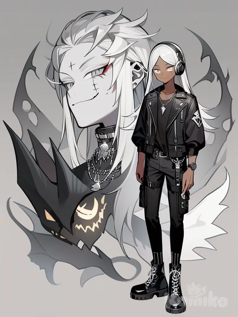 1boy, long silver hair, vibrant slender build, stylish black leather jacket, delicate facial features, expertly manicured nails, knee-high boots, intricate silver pendant, gentle smile, demon, teenager, slim, scrawny, gray eyes, freckles, scar, tan skin, cargo pants, studs, headphones, quartz watch, single character, full body, looking at viewer, anime style, simple background, white background
