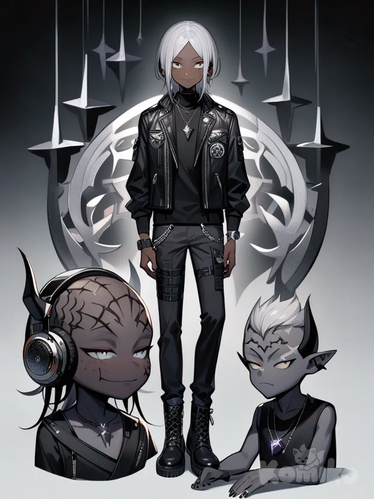 1boy, long silver hair, vibrant slender build, stylish black leather jacket, delicate facial features, expertly manicured nails, knee-high boots, intricate silver pendant, gentle smile, demon, teenager, slim, scrawny, gray eyes, freckles, scar, tan skin, cargo pants, studs, headphones, quartz watch, single character, full body, looking at viewer, anime style, simple background, white background