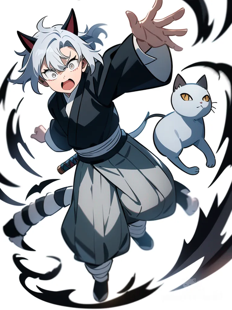 silver cat, Demon Slayer style, original character, expressing surprise, shock, and excitement, twists and turns, single character, full body, looking at viewer, anime style, simple background, white background