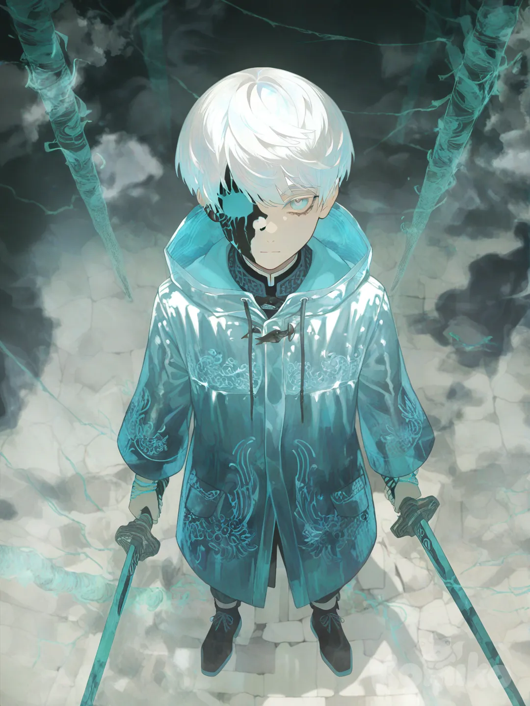 1boy, white hair, doll-like,wearing raincoat, one eye, missing eye, cold expression, emotionless expression, calm atmosphere, bluish tones, chilling gaze, serene gaze, cute expression, vibrant colors, anime art, holding sword, expressionless, blurred background, from above, sketchy lines, anime girl, [watercolor-illustration-style],short-haired