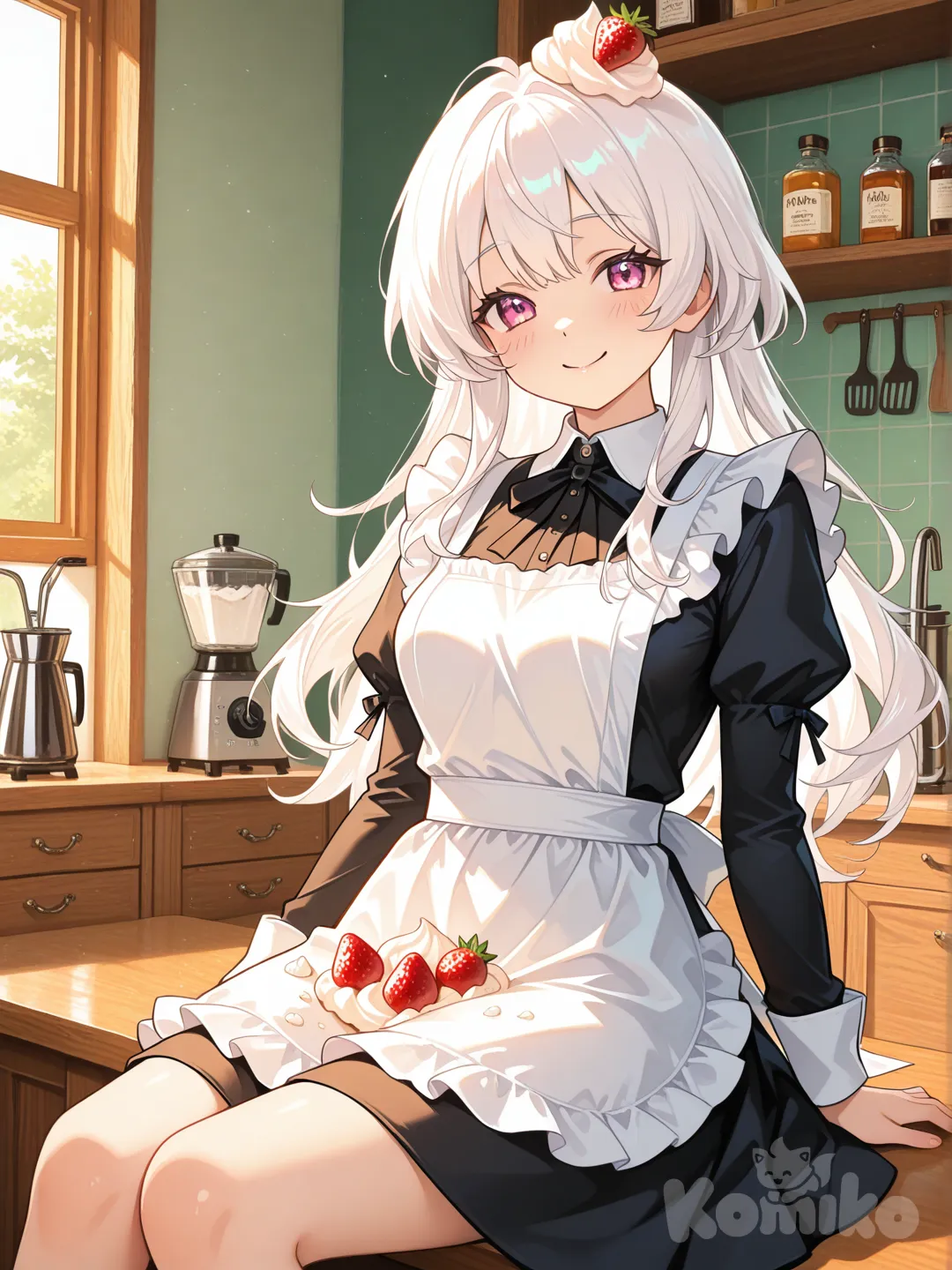 1girl, millipen (medium), oil painting (medium), blender (medium), vibrant color, high contrast, A cheerful white-haired girl with a strawberry on her head, wearing an apron, whipped cream smeared on her body in several spots. She is sitting and smiling brightly. Soft lighting, cute and playful atmosphere, illustration.