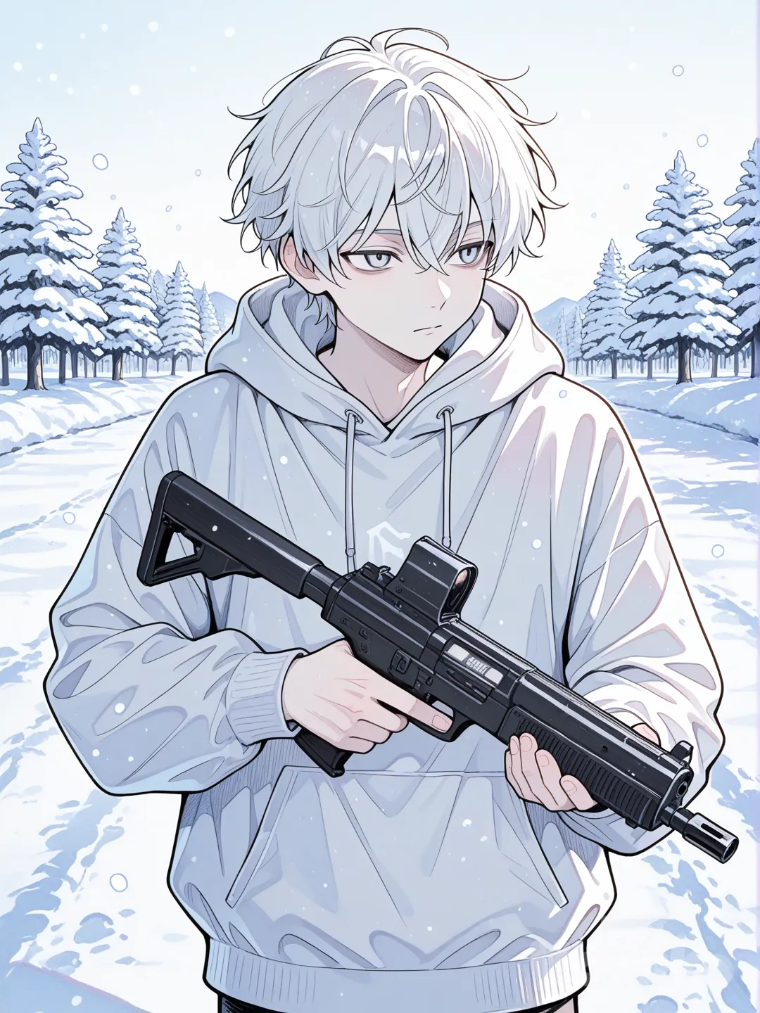 pale color, hatching (texture), lineart, soft shadow, colored pencil (medium), 1boy, hoodie, holding gun, snowy