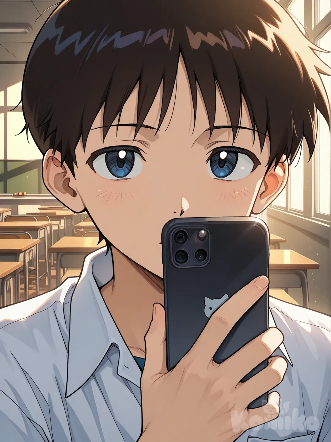 beautiful anime waifu, portrait style, face, highly anime art, @Ikari_Shinji, looking at viewer, rim light, classroom, looking at phone