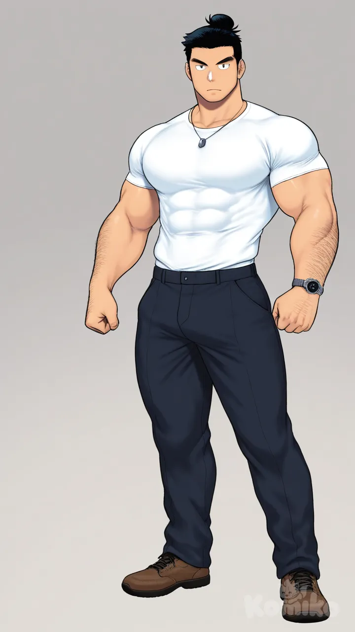 muscular, hairy, hunk, bodybuilder, abs, masculine, bara, bulging muscles, thick thighs, broad shoulders, strong, dominant, virile, mature, rugged, body hair, beefy, macho, manly, toned, powerful, well-built, brawny, ripped, shredded, chiseled, defined, athletic, fit, handsome, attractive, black hair, Muscular anime man, striking heroic pose, highly defined musculature, ultra-anatomy, sharp anime linework, dynamic lighting, vibrant colors, dramatic shading, wind-swept hair, intricate textures on skin and clothing, cinematic depth of field, high-resolution, epic atmosphere, tsukudani (coke-buta), full body, t-shirt, casual pants, necklace, digital watch, man bun