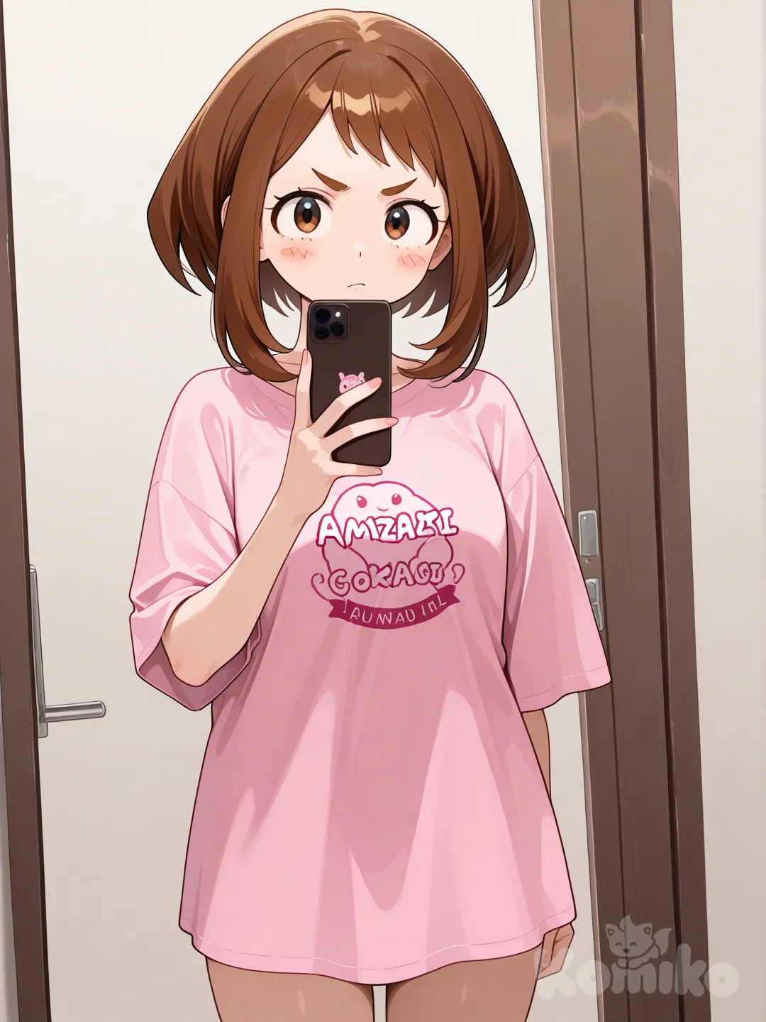 @Uraraka_Ochako, selfie, angry, naked shirt, cowboy shot