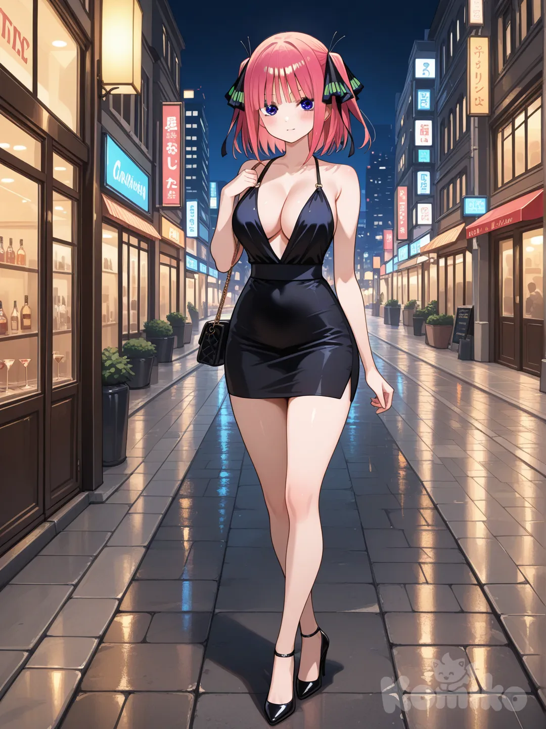 nakano nino, cuerpo completo, vestido de noche con minifalda y escote, de noche y esperando a su cita en la calle, con un bolso ccolgado de su hombro