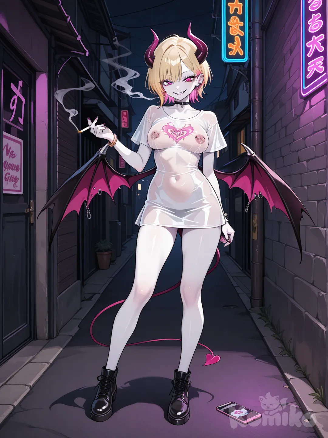 1girl, blonde hair, short hair, gyaru, sexually suggestive, white skin, full body, medium breasts, evil smile, looking at viewer, nipple piercing, dungeon, demon horns, demon wings, short dress, transparent dress, street, leaning back, smoking, night