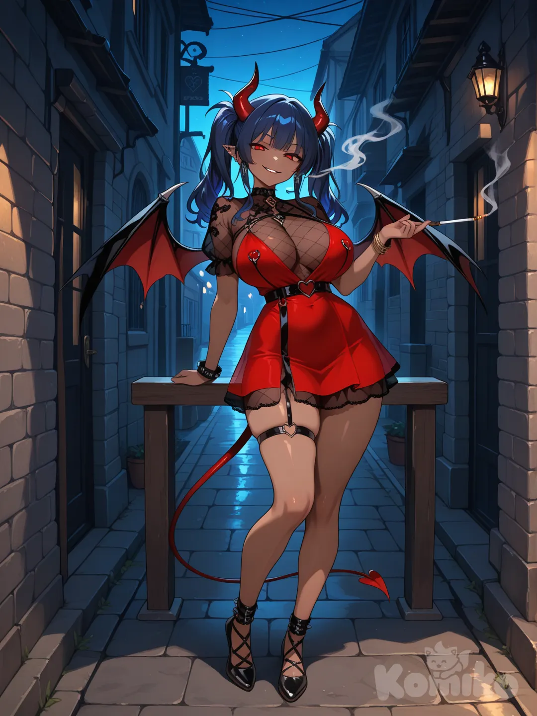 dark-skinned female, dark blue Hair, twin ponytail, large breasts, full body, evil smile, looking at viewer, nipple piercing, dungeon, demon horns, evil smile, demon wings, short dress, transparent dress, street, leaning back, smoking, night, red dress