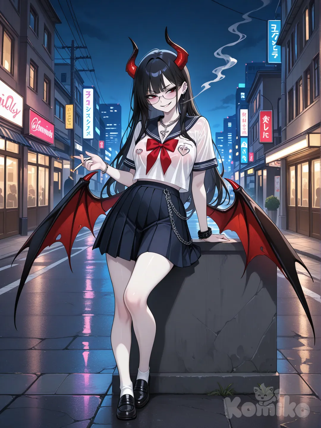 1girl, glases, long hair, black hair, medium breasts, white skin, looking at viewer, sexually suggestive, full body, evil smile, nipple piercing, demon horns, evil smile, demon wings, chain, street, leaning back, smoking, night, transparent school uniform
