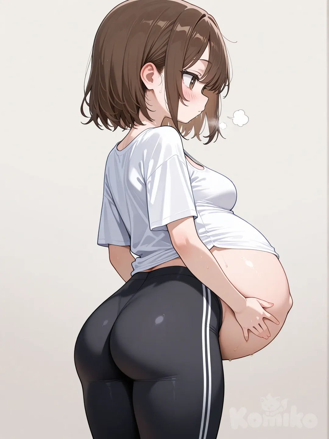 crea un video dove ce una ragazza che ha i leggins,ha 14 anni, deve essere bassa con un fondo schiena sodo e seno di dimensioni medie, i leggings devono essere tutti neri e avere una magietta non stretta ma deve far risaltare il suo seno, la ragazza deve essere con capelli castani e occhi marroni e deve avere una pangia enorme come se fosse incinta di 9 mesi