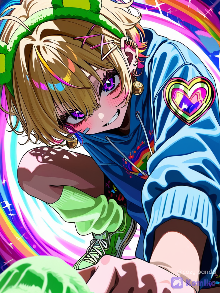 [vivid-close-up-style], A psycho boy, not too small, just of average build. He has golden-blond, fluffy hair, strands sticking up near his ears and in different directions due to the fluffiness, and two protruding ahoge strands on top of his head. His eyes are violet, with light gold eyelashes. He has a cheerful, slightly eccentric personality. He wears a headband with green bear ears. He wears a blue sweater with pink canaries painted on it, green sneakers, and long white knee-length socks. MORE MORE RAINBOW PSYCHO RAINBOW!! MORE PSYCHO RAINBOW