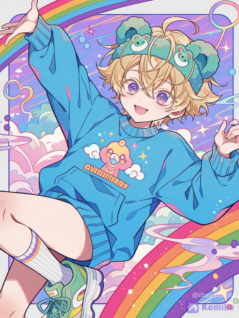 [cyber-candy-style], A psycho boy, not too small, just of average build. He has golden-blond, fluffy hair, strands sticking up near his ears and in different directions due to the fluffiness, and two protruding ahoge strands on top of his head. His eyes are violet, with light gold eyelashes. He has a cheerful, slightly eccentric personality. He wears a headband with green bear ears. He wears a blue sweater with pink canaries painted on it, green sneakers, and long white knee-length socks. MORE MORE RAINBOW PSYCHO RAINBOW!! MORE PSYCHO RAINBOW